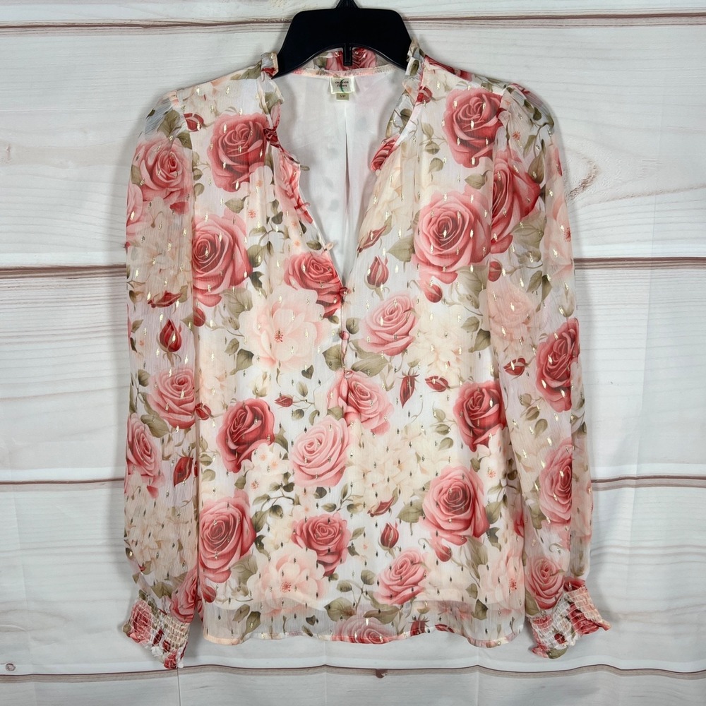 Autres Filles Top Women Small Pink Rose Floral Print Blouse Chiffon Smocked Cuff